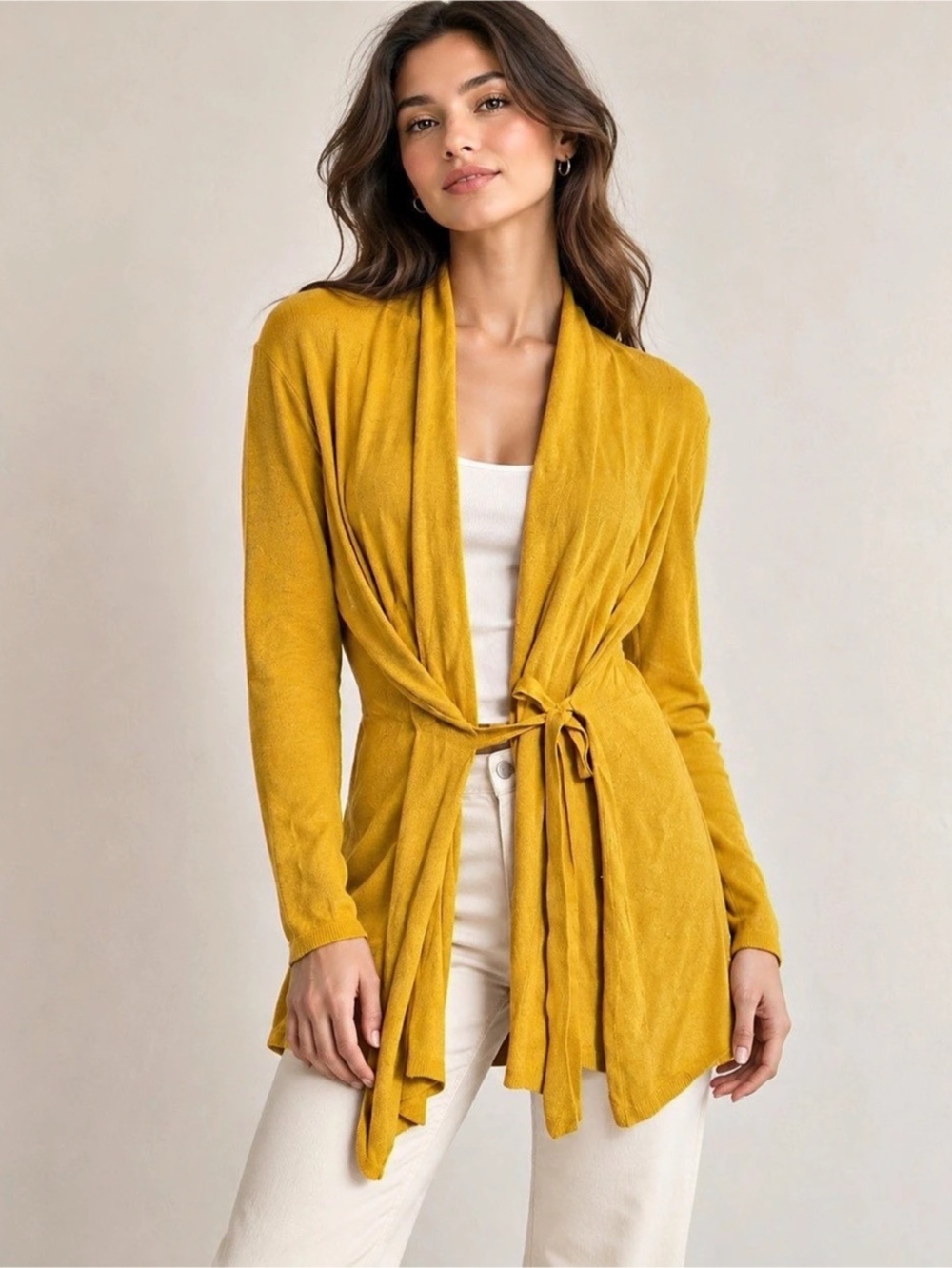 Zara Knit Mustard Yellow Tie-Front Cardigan Size Medium
